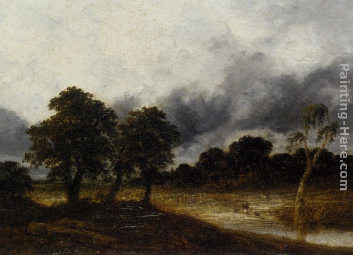 A Shepherd and his Herd Crossing the River before the Storm painting - Georges Michel A Shepherd and his Herd Crossing the River before the Storm art painting
